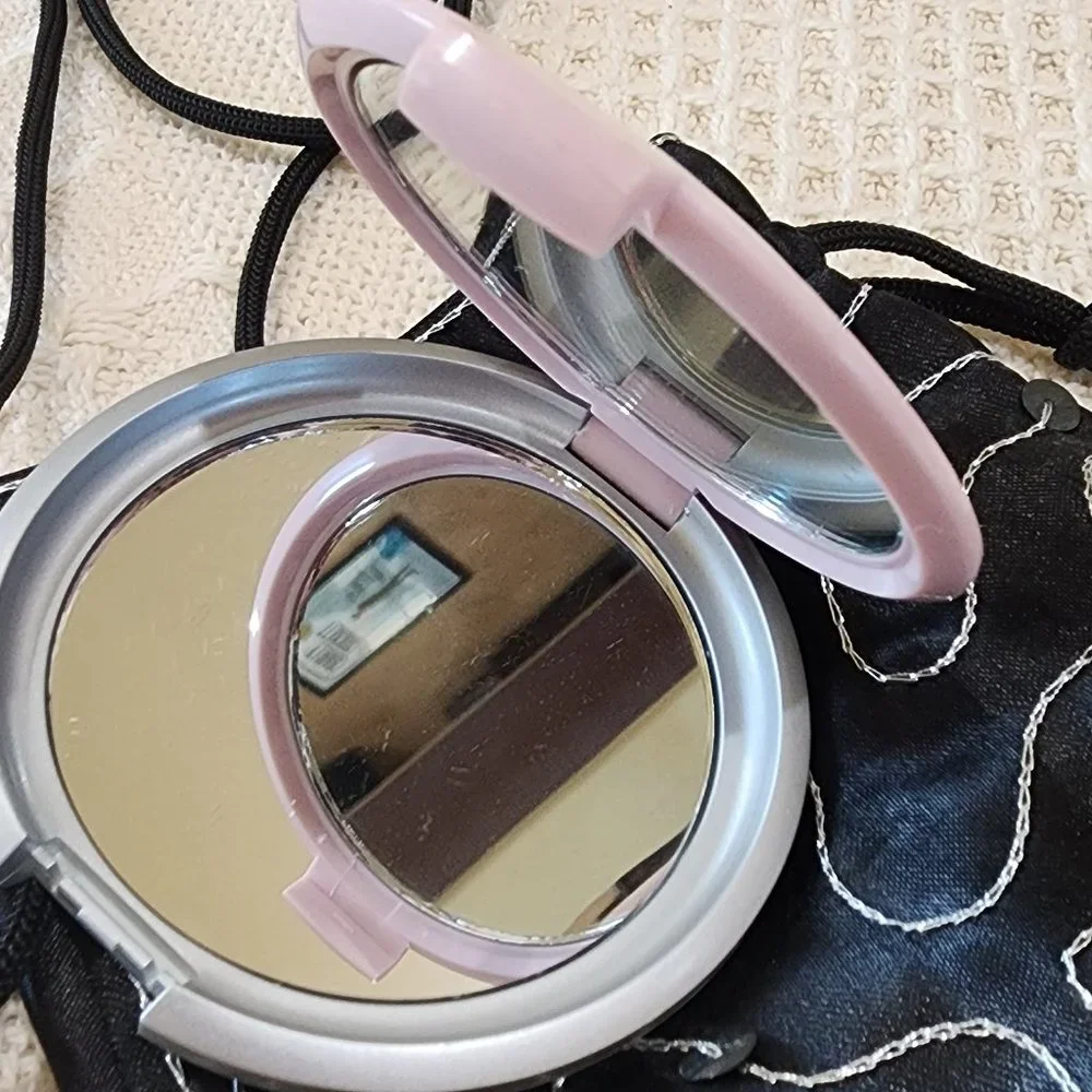 Vintage Mirror Compact + Black Satin Silver Stitching Sequin Evening Bag Purse